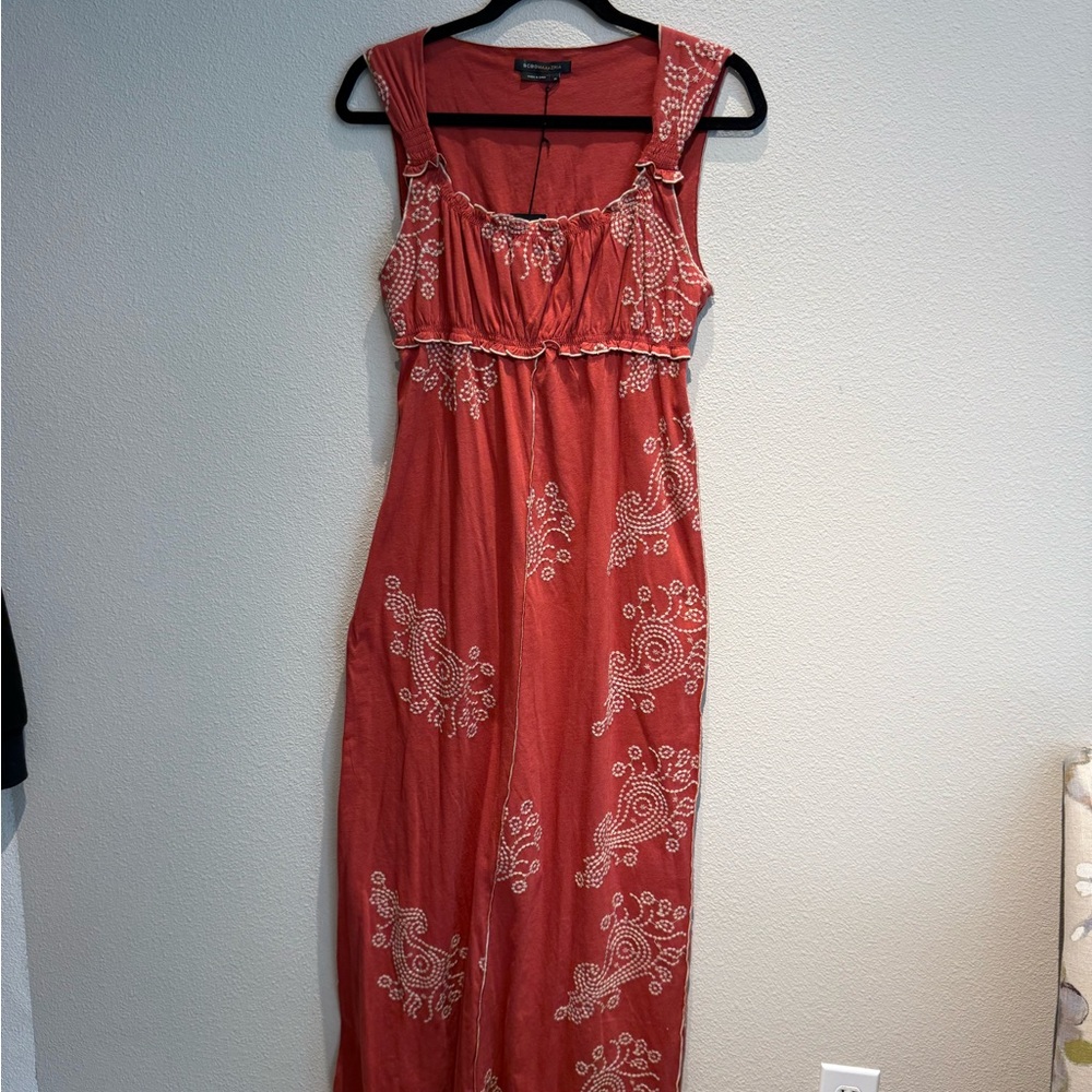 BCBGMaxAzria Red-Orange Dress with Cream Embroidery